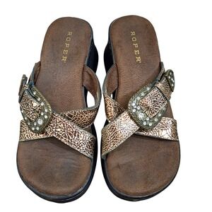 Roper Womens Wedge Sandals Embellished Buckle Leather Upper Brown Size 7